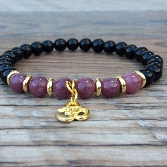 Om bracelet with Tourmaline & Lepidolite. healing bracelet - Picture 2 of 9